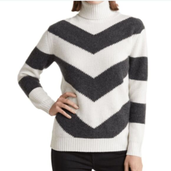 Magaschoni Chevron Stripe 100% Cashmere Cream Grey Turtleneck Ribbed Sweater XS - Picture 1 of 7
